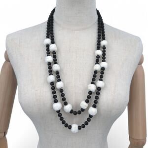 J Crew Black and Cream Pom Pom Layered Statement Necklace Pompon